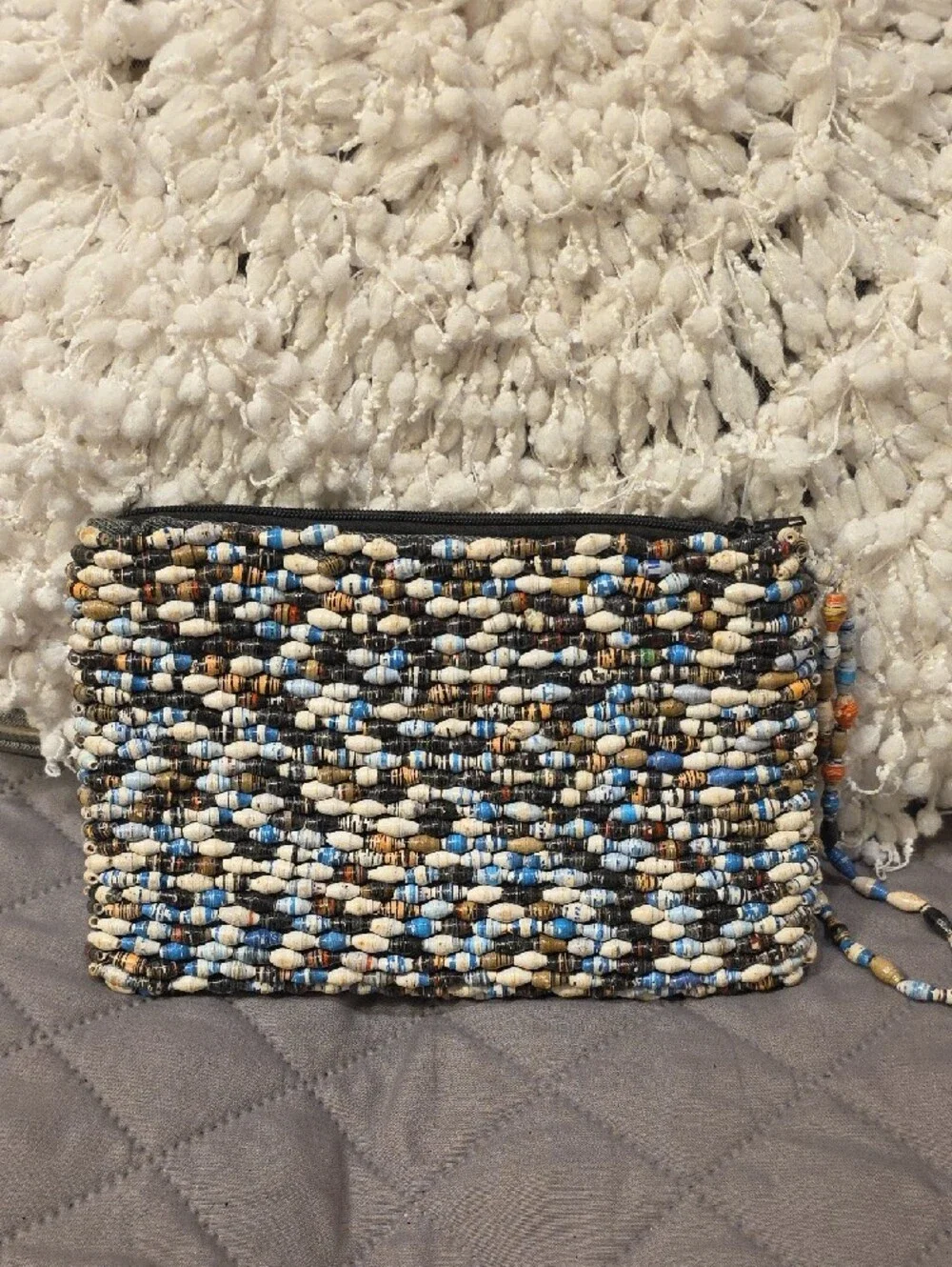 Handmade Paper Beaded Wristlet Clutch in Neutral, Brown & Blue - Picture 12 of 15